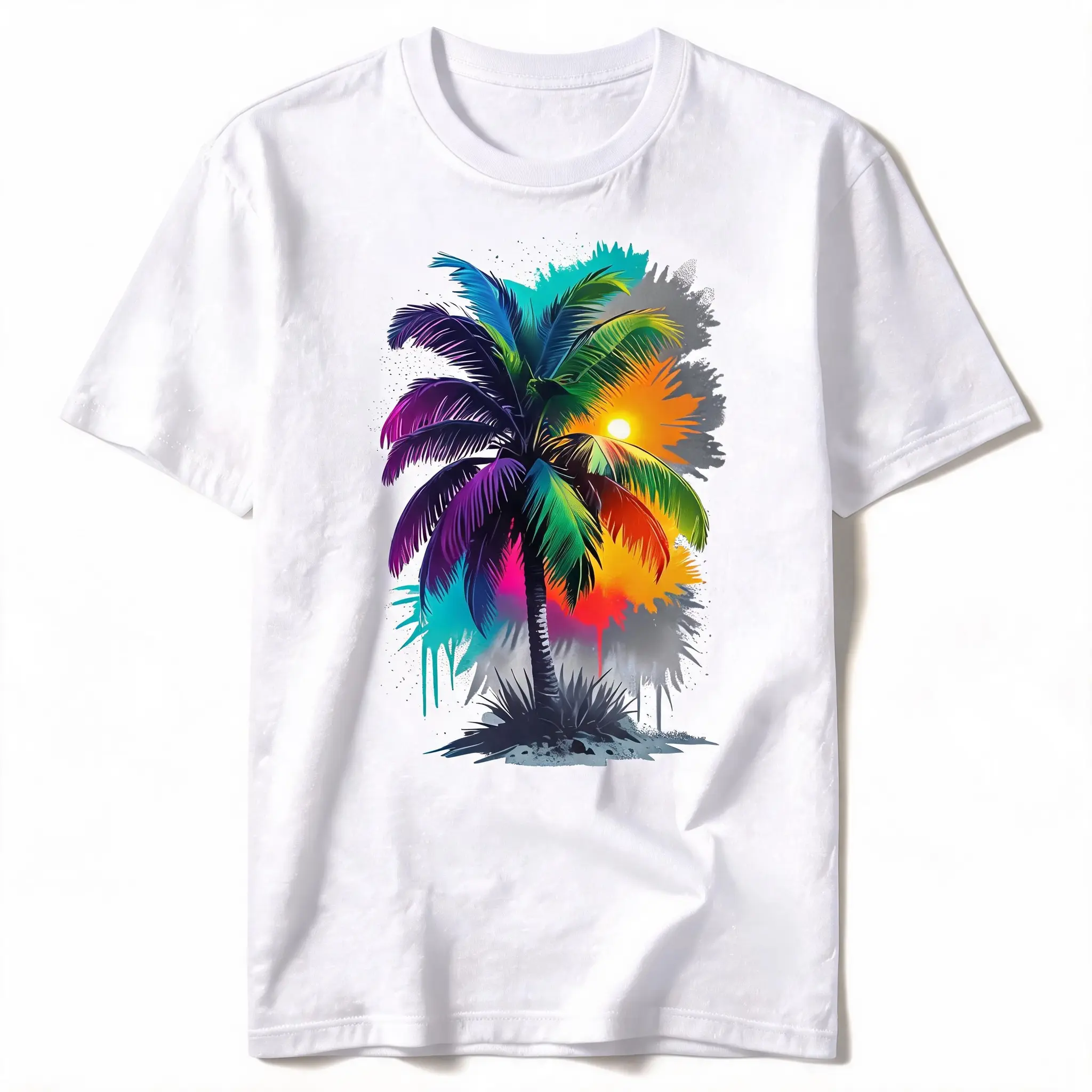 Colorful Graffiti Palm Tree Sunset T-Shirt | 100% Cotton Tropical Summer Beach Vacation Casual Tee
