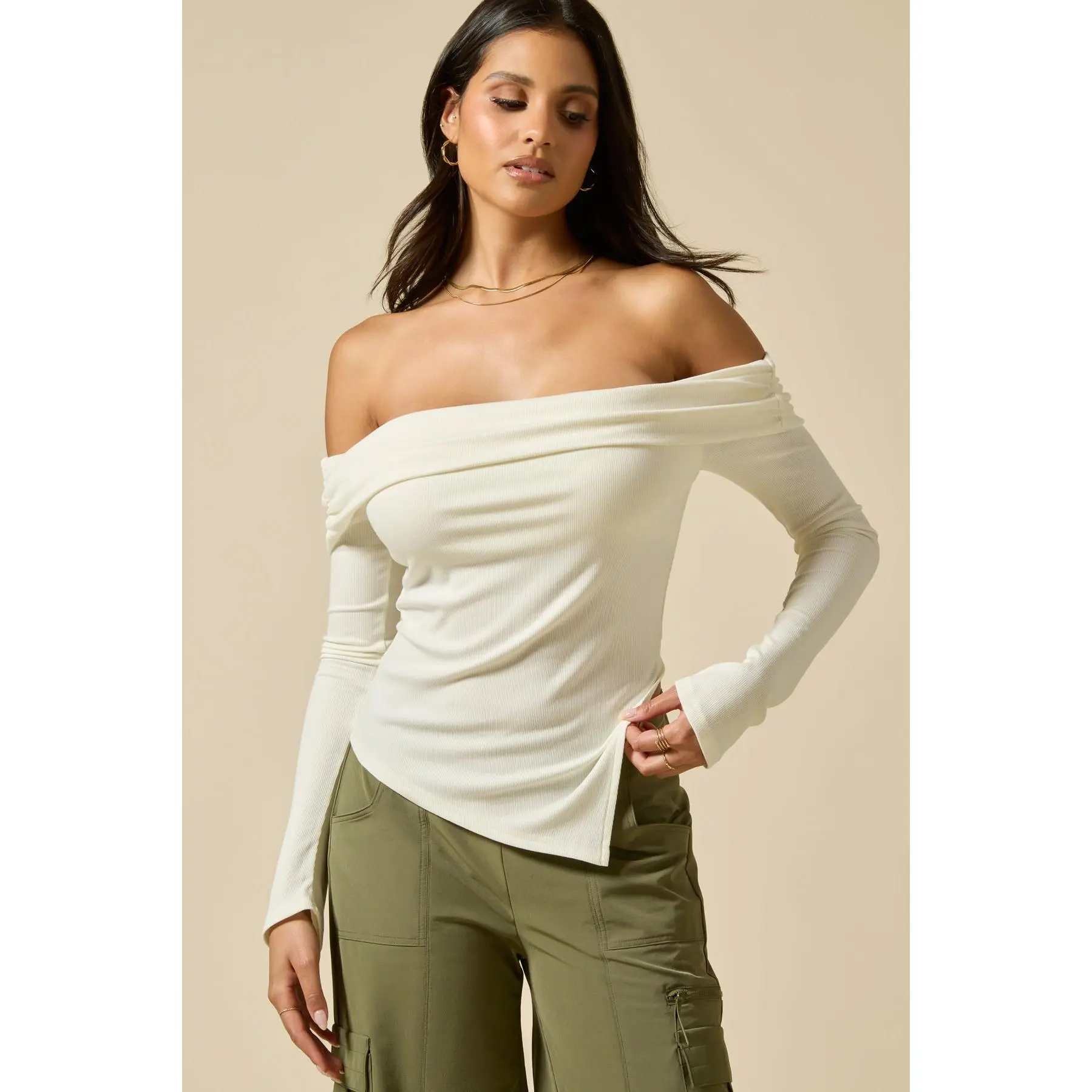 Olivia Off The Shoulder Long Sleeve - Coconut Cream