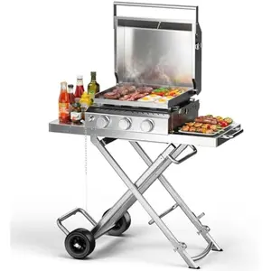 R.W.FLAME 3-Burner Propane Gas Griddle, Portable Griddle with Collapsible Stand, Full Stainless Steel Construction, 24,000 BTU Flat Top Gas Grill Griddle for Camping, Tailgating, Backyard & Patio