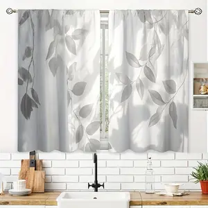 2pcs White and Gray Leaf-patterned  Kitchen Printed  Small Short Cafe  Rod Pocket Bathroom  Treatments Tiers Kitchen Living Room Office Bedroom Home Decor 39.9x27.5 Inch LW429C1L97 casual party decoration curtain high ceiling room decor set inganchos