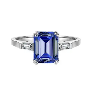 2.5ct Rectangular 6*8mm Tanzanite Sapphire Sterling Silver Ring for Women European and American Cross-Border Light Luxury Style