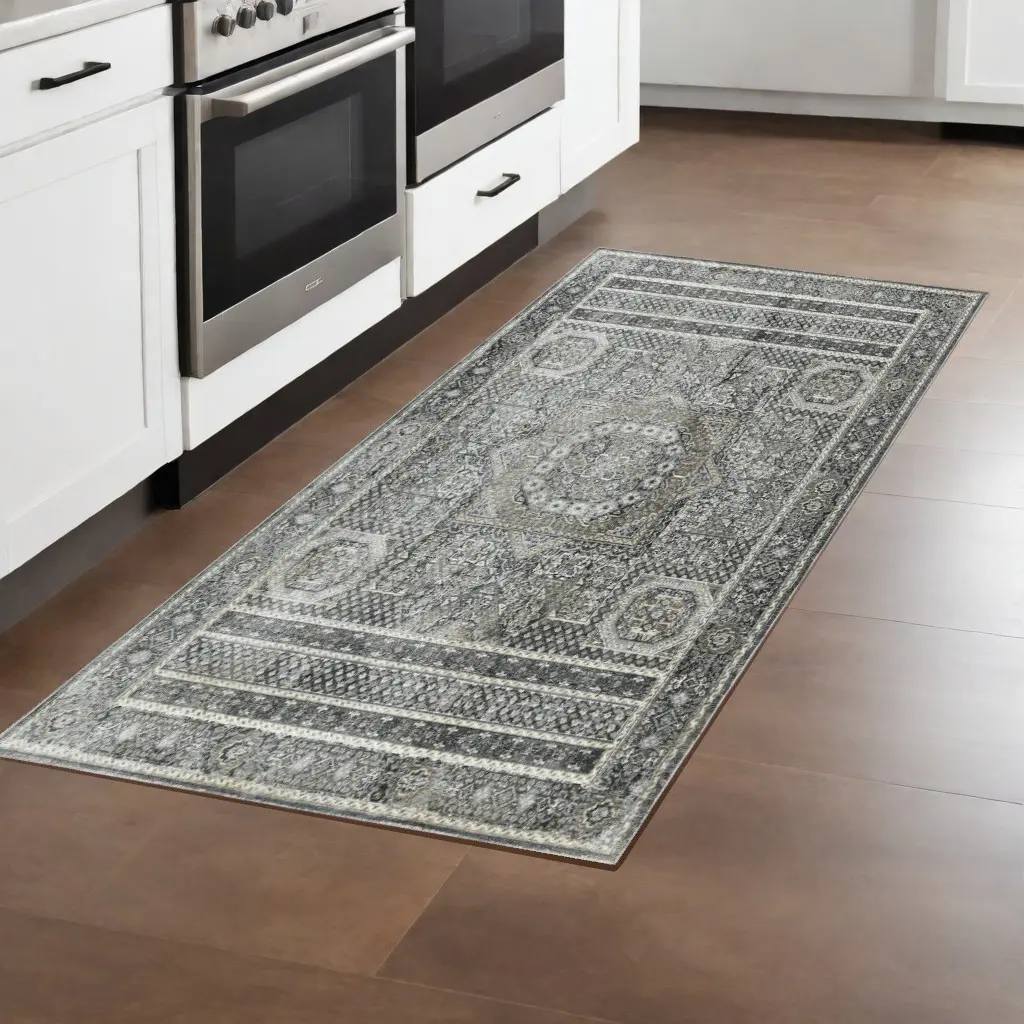 360 Stand 8 ft. Powerloomed Polyester Fiber Durable Runner Area Rug, Charcoal & Gray Medallion Print, High-Traffic, Transitional Style Runner, Long-Lasting Soft Furnishing Carpet, Durable Runner Rug
