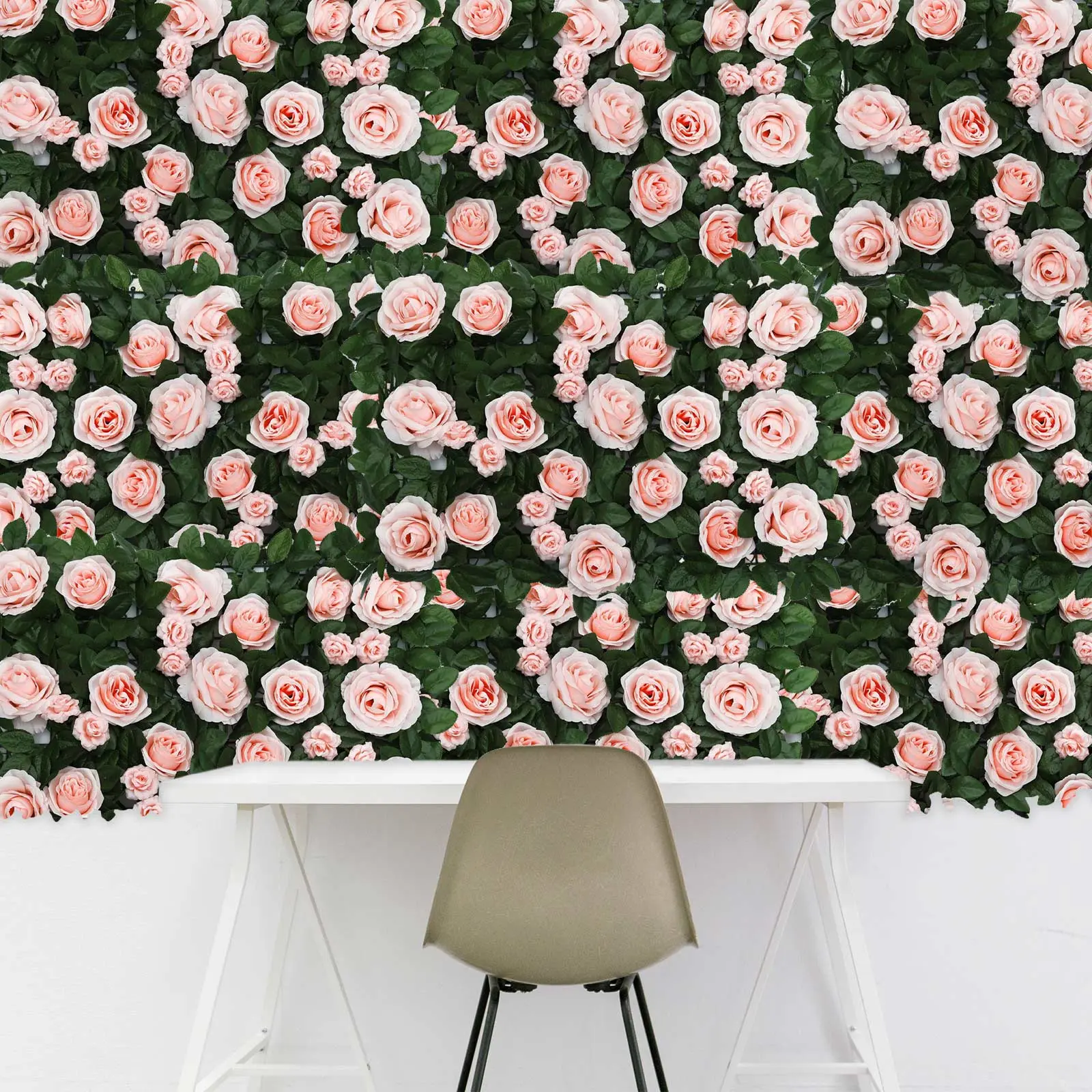 Blush Pink Silk Artificial Rose Decorative Mat Wall Panels, 4-Pack 12 Sq Ft Easy-Install Indoor Photo Backdrops, Party Decor & Wall Hanging Backdrop