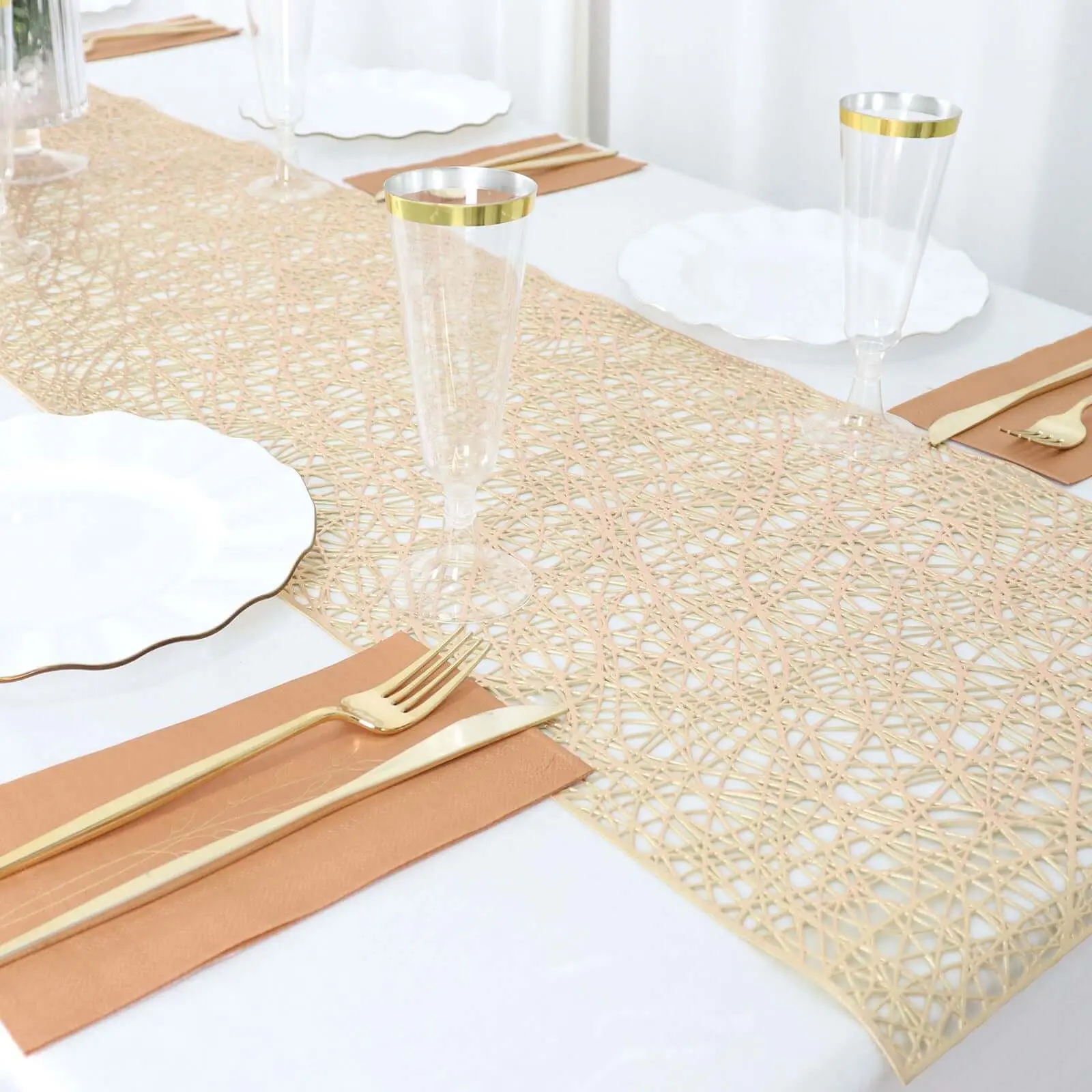 Plastic Woven Vinyl Table Runner - 13"x6ft Metallic Gold, Non-Slip Reversible, Woven Texture Table Decor for Home, Office, Dining Hall, Party Events, Rectangle
