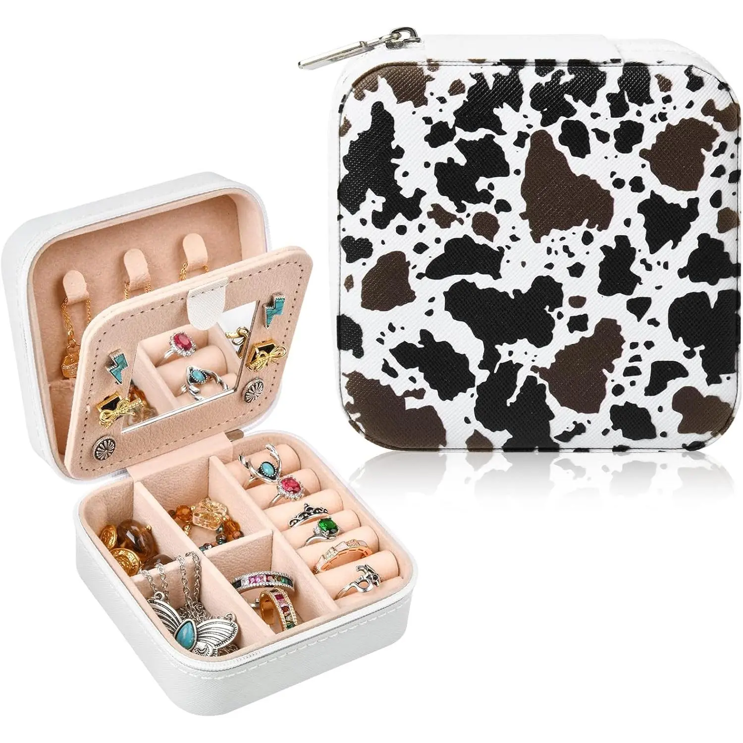 Women's Small Portable Black/Brown Cowhide Print Western Jewelry Box Set - Sturdy, Compartmentalized, Mirror Inside, Travel Organizer, Christmas Gift for Cowgirls, Home Storage Accessory - White Cowhide