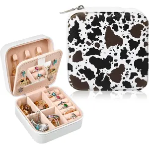 Western Jewelry Box Case Black Brown Cowhide Print Travel Jewelry Organizer Christmas Gifts for Women Country Girls Cowgirl Stuff Small Portable Travel Accessories for Women -White Cowhide