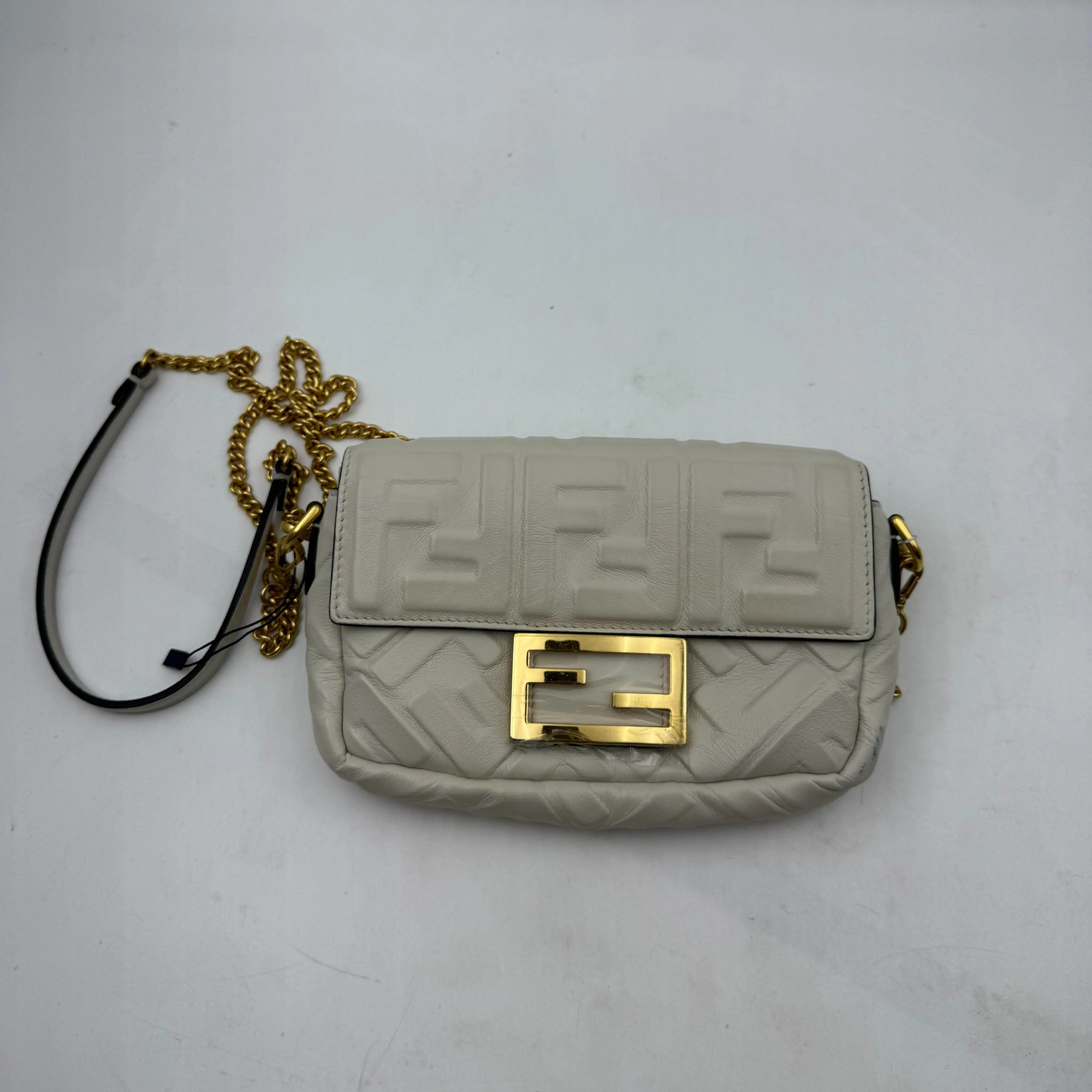 Pre-owned FENDI Authentic Vintage FF Monogram Embossed Nappa Leather Mini Baguette Crossbody Purse