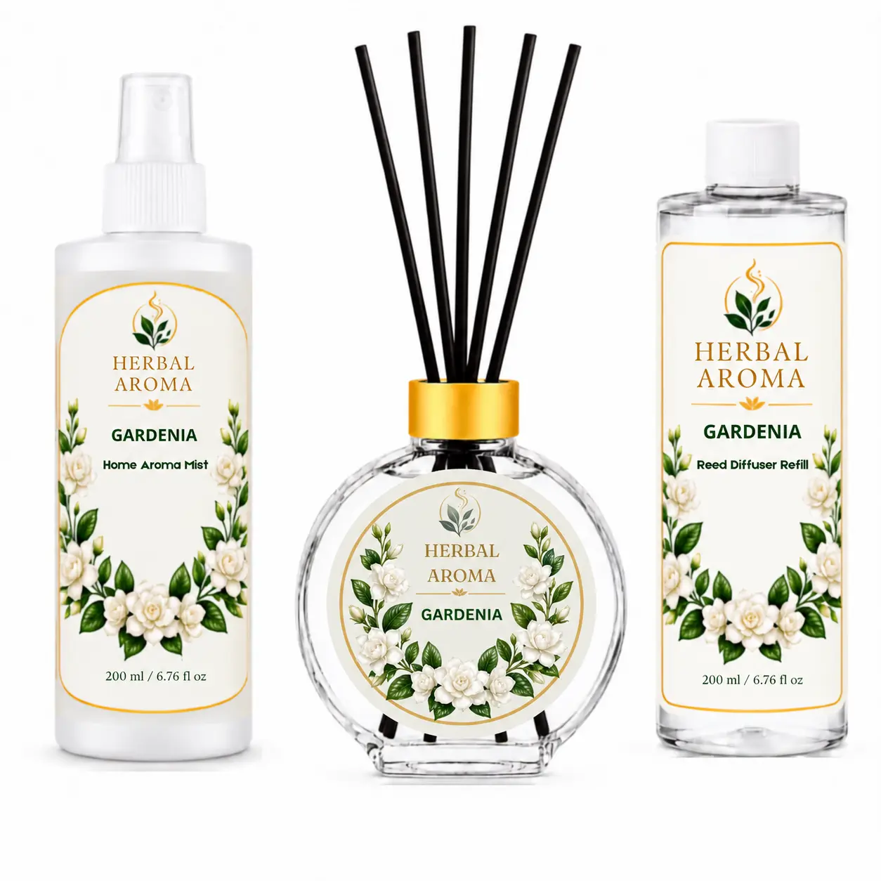 Herbal Aroma Gardenia Home Fragrance Set, 3-Piece Reed Diffuser with 200 mL Refill and 200 mL Room Spray, 100 mL Diffuser