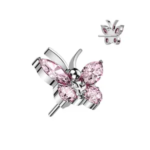 Titanium Threadless Push In Flat Back Pink CZ Butterfly Earring