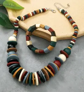 BOHEMIAN COLORED WOODEN NECKLACE/ FREE MATCHING BANGLE BRACELET INCLUDED