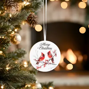 Cardinal Merry Christmas Ceramic Ornament - Round Glossy Finish with Gold String for Christmas Trees & Gifts - Lightweight Durable Holiday Decor