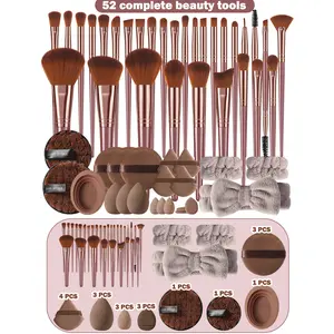 52PCS Makeup Tools Set:30PCS Makeup Brush Set,6PCS Makeup Sponges,4PCS Triangle Powder Puffs,3PCS Mini Air Cushion Powder Puffs,2PCS Facial Cleansing Puffs,1pc Hairband,2PCS Hand Bowl Strap,1pc Brush Cleaning Tools,3PCS Circular Powder Puffs
