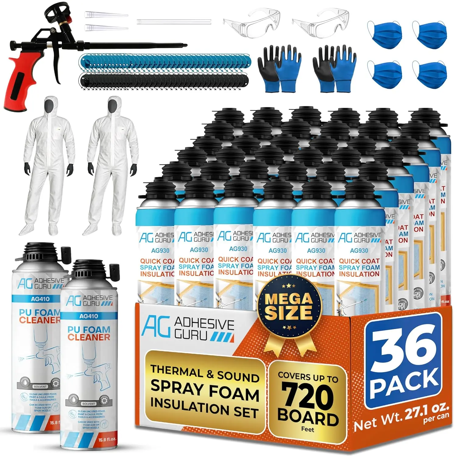 Polyurethane Insulation Spray Foam Set - Closed Cell Spray Foam Insulation Kit for Walls - ADHESIVE GURU - AG930S