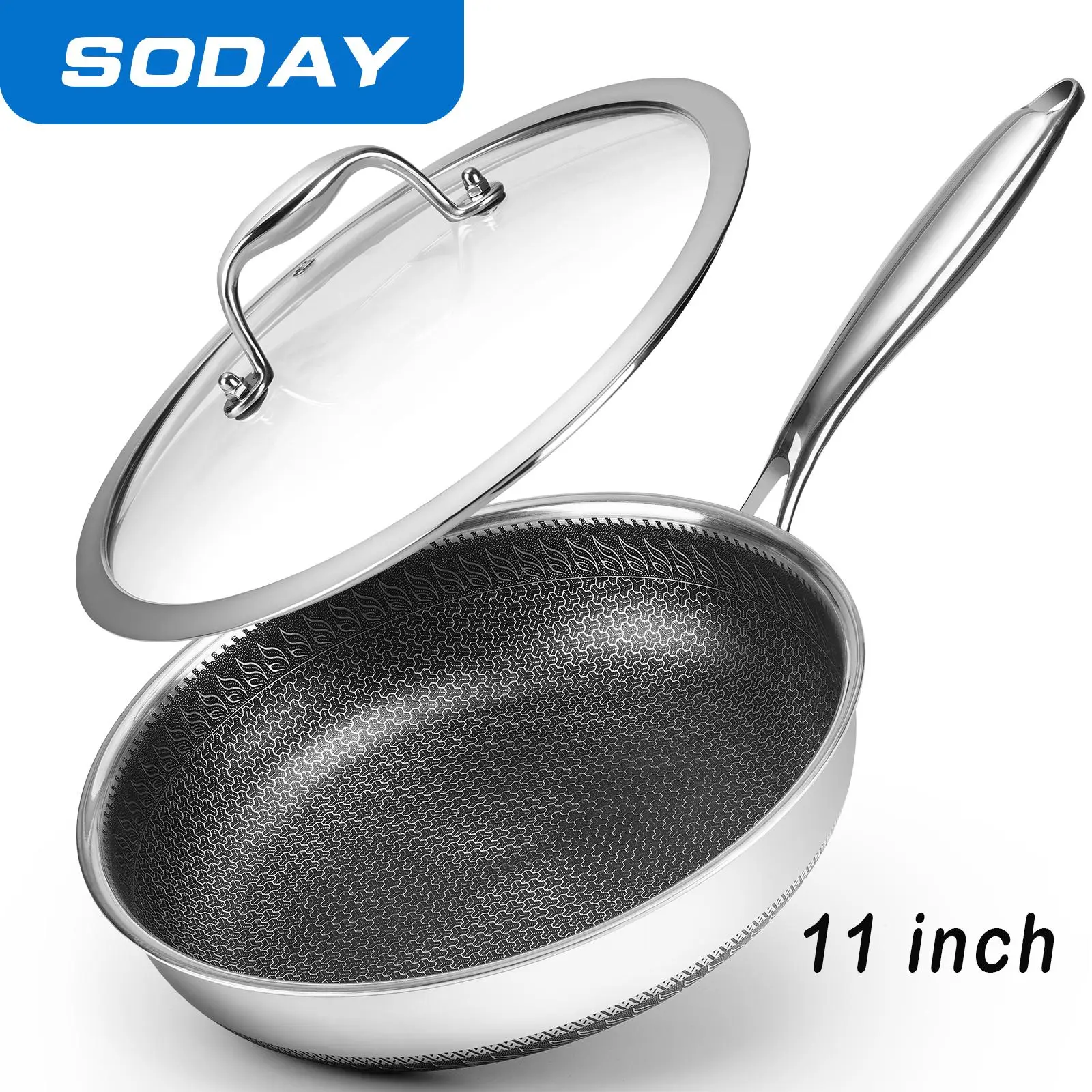 SODAY Hybrid Nonstick 11/12Inches Fry Pan with Tempered Glass Lid, Stay-Cool Handle, Dishwasher and Oven Safe, Induction Ready, Compatible with All Co