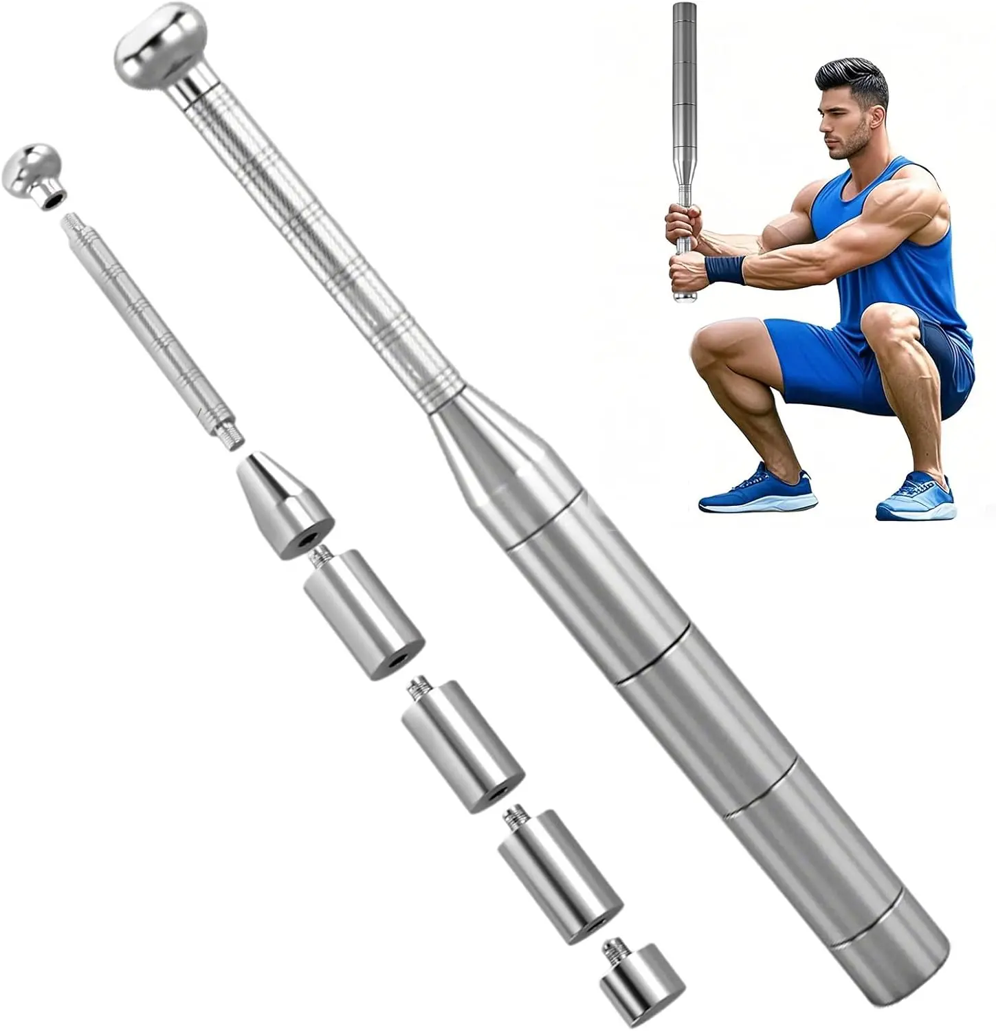 Adjustable Macebell, Indian Club Style 6 option Premium Steel Macebell (6.5/9/11/13/15/17.5LBs)Cross Training Equipment For Muscle Building, Aerobic Fitness,Men's And Women's Weightlifting,Silver