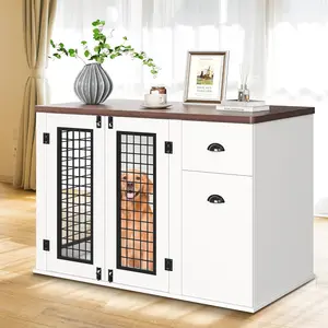 Multi-Functional White Wooden Dog Crate Furniture - Heavy Duty Indoor Kennel Table with Drawers, Side Cabinet & Storage - Decorative Pet House for Small, Medium & Large Dogs up to 60 lbs, White