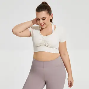 Large size yoga clothes with chest pads women's sexy running sports underwear short shirt short sleeve fitness clothes top