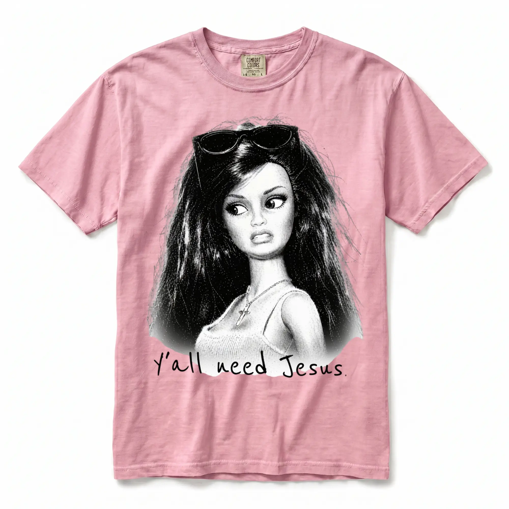 Comfort Colors Y'all Need Jesus, Y'all Need Jesus, Funny Christian Graphic Print Tee, Faith Inspired Women’s Printed Shirt, Cute Barbie Doll Design, Sassy Faith Aesthetic, Sunglasses Cross Necklace, Soft Style Oversized Tee
