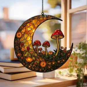 Enchanted Crescent Moon Suncatcher with Mushrooms and Flowers, Acrylic Hanging Art for Fairycore or Cottagecore Room Decor