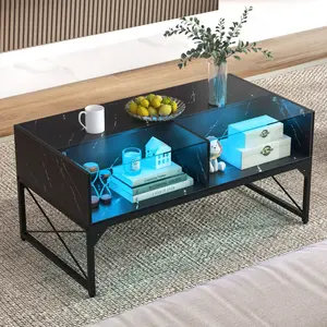 COSTWAY LED Coffee Table, High Gloss Coffee Tables with 4 Storage Cubes, 20-Color Lights, Remote Control, Faux Marble & Tempered Glass Top, Modern Accent Rectangle Center Table for Living Room (Black/White)