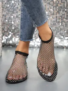 Women's Sequin Pattern Sandals, Soft Sole Hollow Out Beach Shoes, Lightweight Shiny Flip Flops, Sexy Crystal Decorated Flat Sandals, Summer, Transparent Sandals