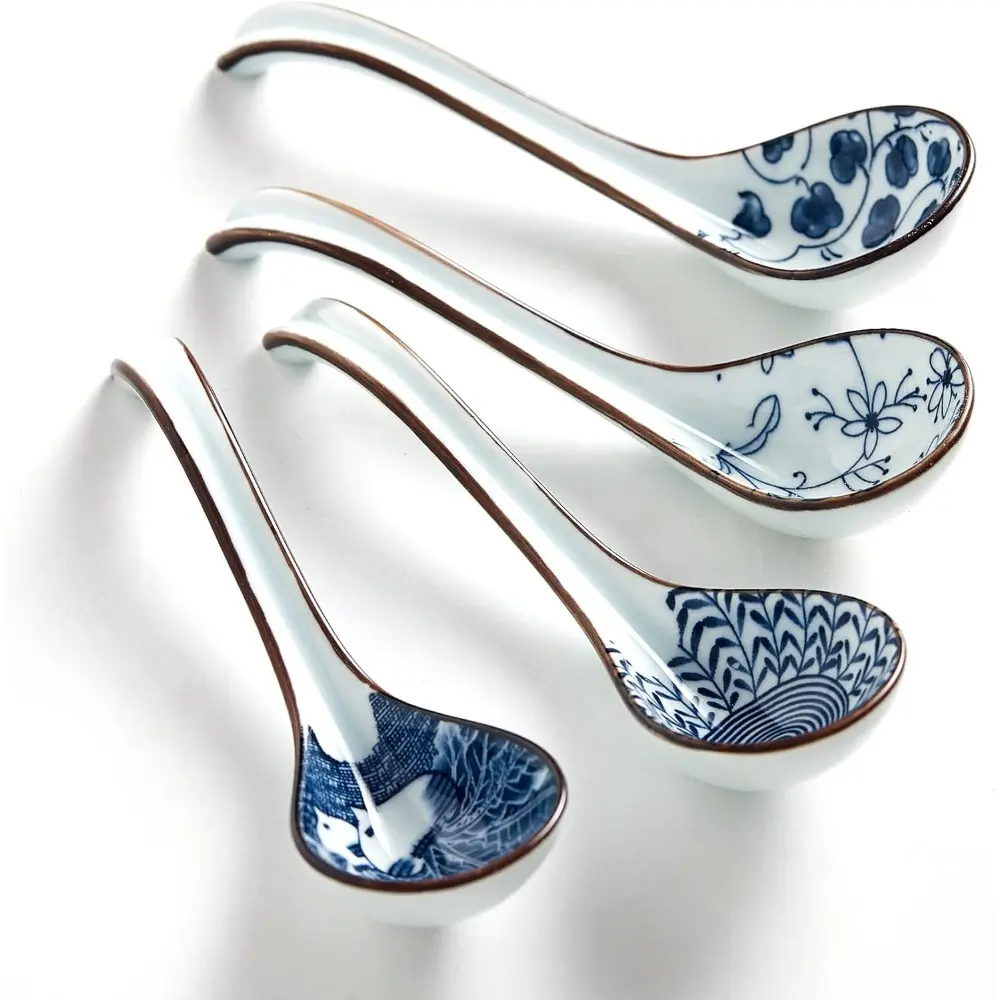 Blue and White Porcelain 4-Piece Curved Handle Tableware Soup Spoons Set - 6.4"l x 1.8"w Ergonomic Long Handle, Perfect Depth, Lead-Free Sturdy Ceramic, Unique Prints, Dishwasher Safe Cutlery for Home, Parties, Restaurants, Weddings, Japanese Ramen