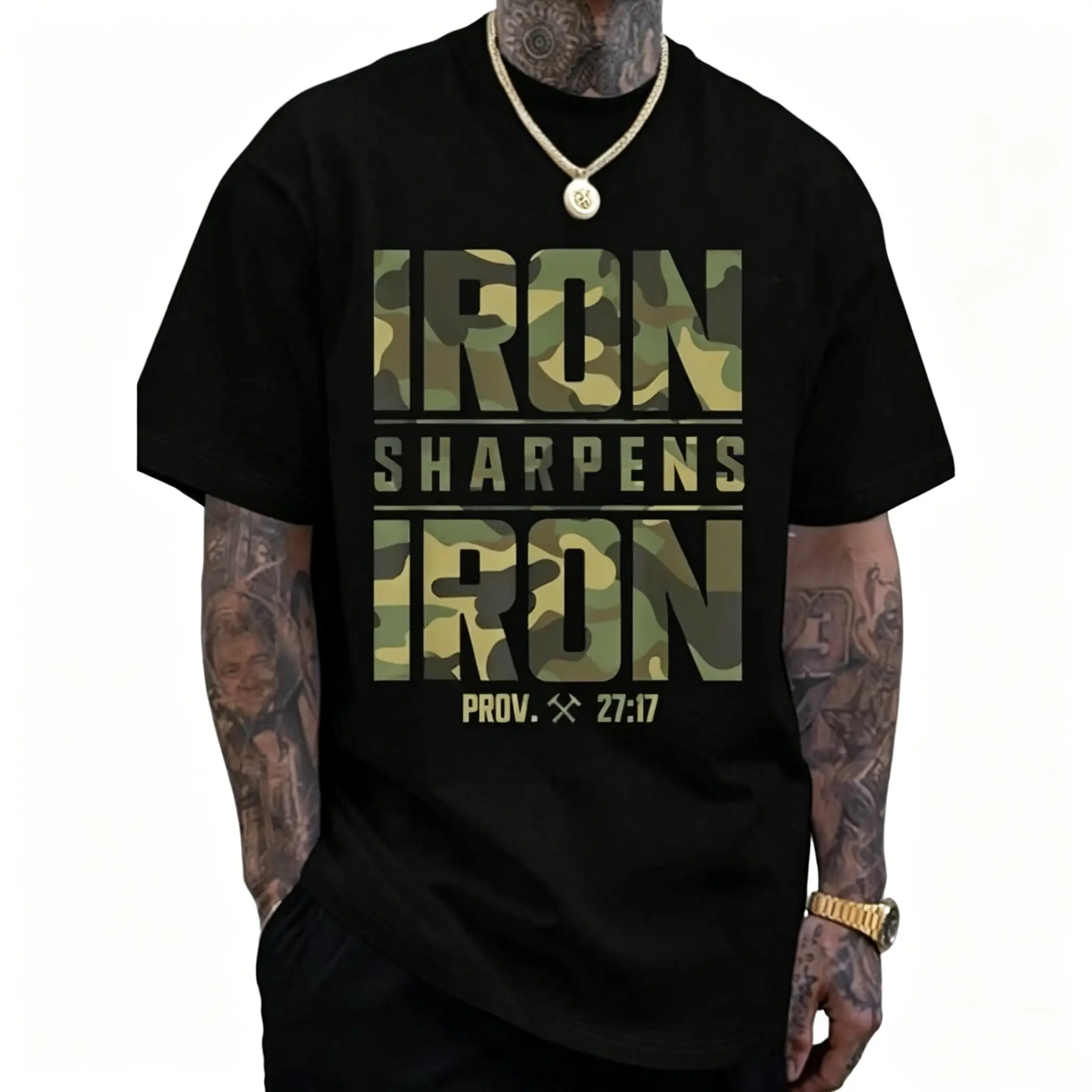 Men's Oversized Ribbed Round Neck Shortleeve Cotton Twill T-Shirt - "IRON SHARPENS IRON" & Proverbs 27:17 Bible Verse, Smooth Geometric Print, Seamless Soft Casual Streetwear Top with Straps for Sports, Outdoor Activities