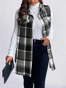 Women's New Fall Winter Plus Size Plaid Sleeveless Vest, Casual Loose Fit Wool Blend Jacket, Fashionable Style Outerwear