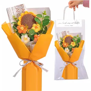 Flower Bouquet with LED Lights - Handcrafted Knitted Flowers & Sunflower Arrangement - Perfect Flowers Gift for Teacher's Day, Graduation, Birthday, Chrismas