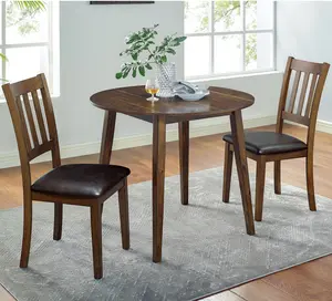 【GOOGREAT】Cozy 3pc Dining Set Round Dining Table And 2x Side Chairs Walnut, Dark Brown Transitional Solid wood Dining Room Furniture Leatherette Padded Seat