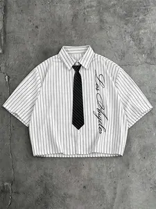 Unisex Short-Sleeve Cropped Button-Down Shirt, Black And White Striped With Removable Tie, Vintage Preppy Style "Los Angeles" Letter Print, Suitable For Daily And Party Occasions