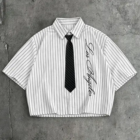 Unisex Short-Sleeve Black and White Striped Cropped Button-Down Shirt With Removable Tie, Vintage Preppy Casual Style "Los Angeles" Letter Print Top for Daily And Party Occasions Casual Letter Pattern