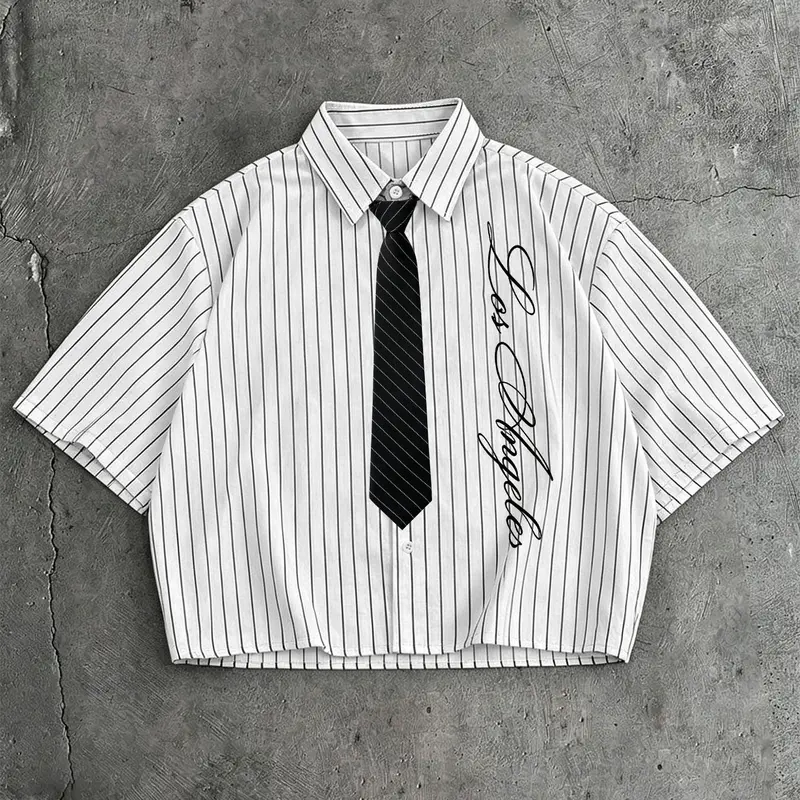 Unisex Short-Sleeve Black and White Striped Cropped Button-Down Shirt With Removable Tie, Vintage Preppy Casual Style "Los Angeles" Letter Print Top for Daily And Party Occasions Casual Letter Pattern