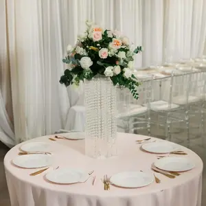 Acrylic Flower Pedestal Vase Pillar Stand 24" Clear with Crystal Beads - Heavy Duty Wedding Table Centerpiece
