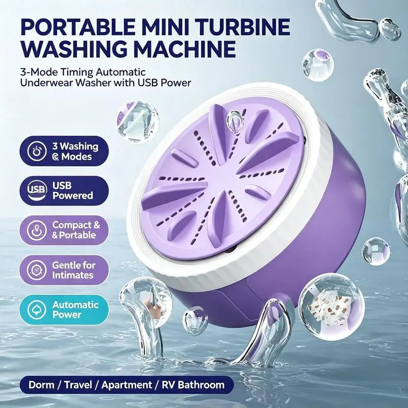 Portable Mini Turbine Washing Machine, 3-Mode Timing Automatic Underwear Washer with USB Power, Compact Laundry Cleaner for Socks Intimates Baby Clothes, Perfect for Dorm Travel Apartment RV Bathroom