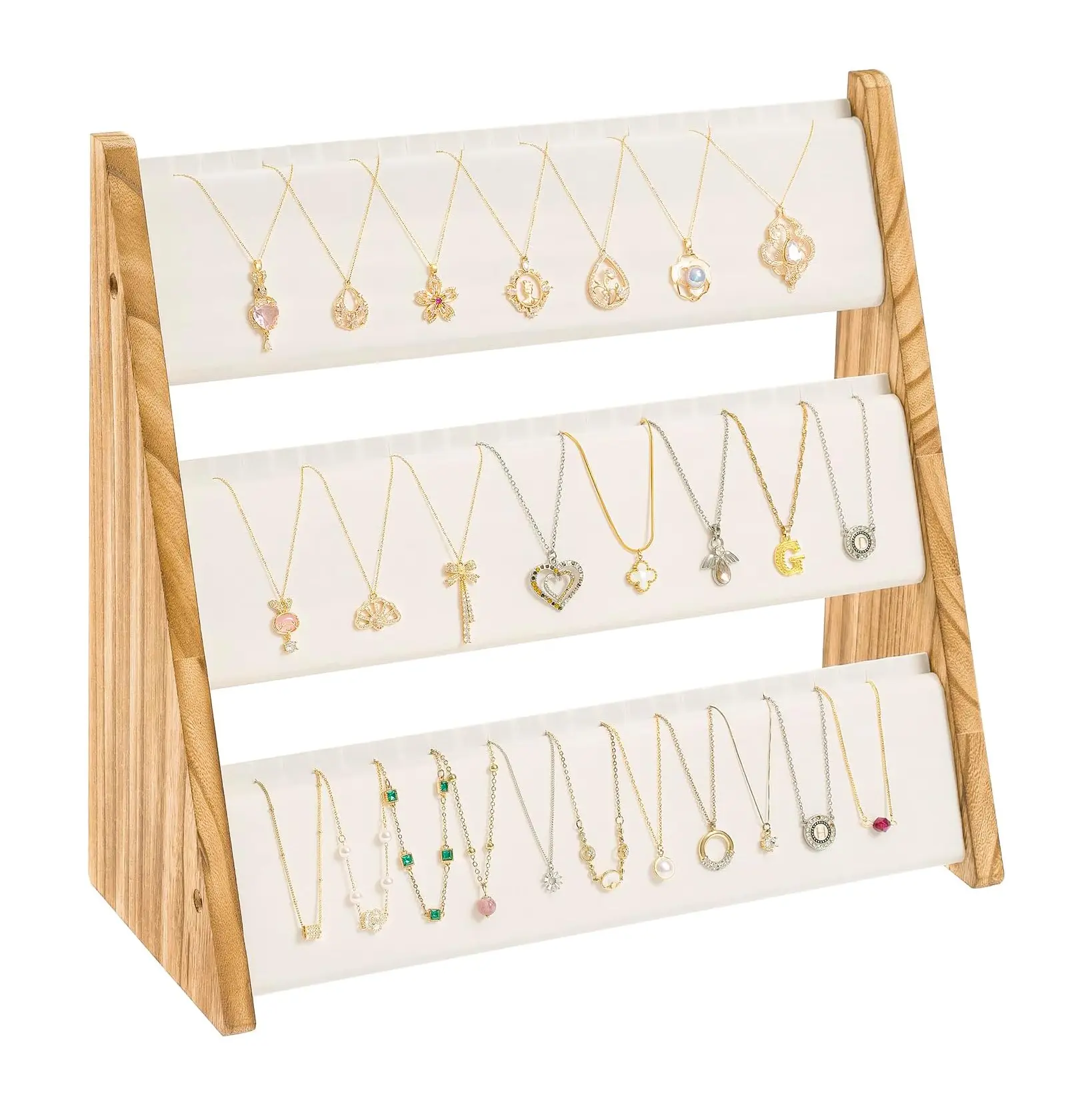 Wooden 3-Tier Necklace Holder Stand - White Velvet 72-Slot Countertop Rack, Brown Rustic Anti-Slip Jewelry Organizer for Vendors & Vanity, Gift-Worthy Home Boutique Storage (Fits Necklaces, Bracelets; Includes Boxes), Glossy