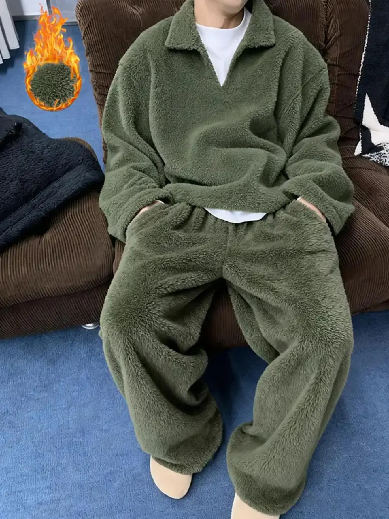 Premium Thermal Moss Green Teddy Fleece Tracksuit Set, Heavyweight Winter Pajamas Pjs with Drop Shoulder Polo & Relaxed Pants, High-Quality Comfy Outfit for Travel and Chill, Loungewear, Homewear