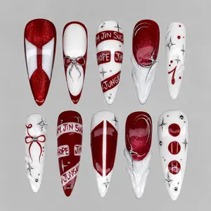 Bangtan Boy Inspired Press On Nails Set – Handmade 10PCS Glossy Gel Acrylic Nails, Red White 3D Nail Art, Reusable Salon Quality Press On Nails, Trendy Gift For Her Party Wear