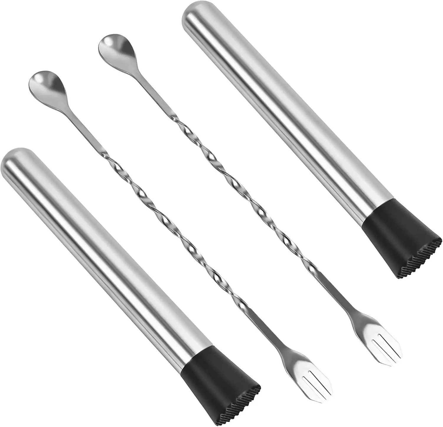 8-Inch Stainless Steel Muddler for Cocktails and Lemonade - Bar Spoon and Stirrer for Mojitos, Fruit Drinks - 4pc Bar Set Accessories with Long Handle