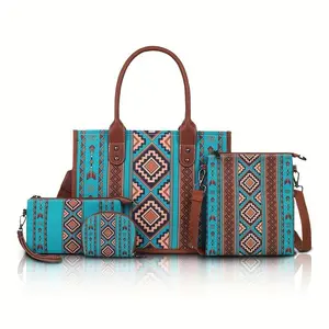 Bohemian Tribal Canvas Handbag Set, 4 Pieces with Adjustable Shoulder Strap, Zipper Closure, Edge Paint, Including, Hand Wash/Dry Cleaning, Random Printing Design, Large Capacity, Suitable Travel and Gifts
