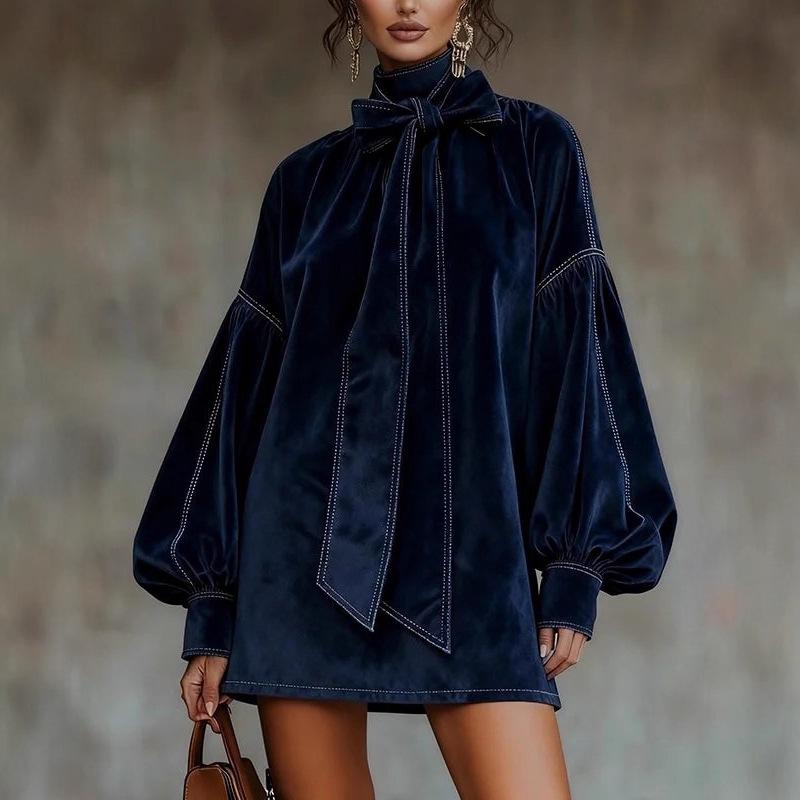 Elegant High Neck Bow Velvet Bloom Sleeve Mini Dress