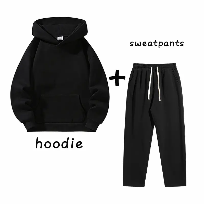 Men’s two-piece loose, comfortable athletic set featuring a solid-color long-sleeve hoodie with kangaroo pocket and drawstring elastic waistband sweatpants; suitable for everyday commuting and campus wear, minimalist casual fashion apparel.