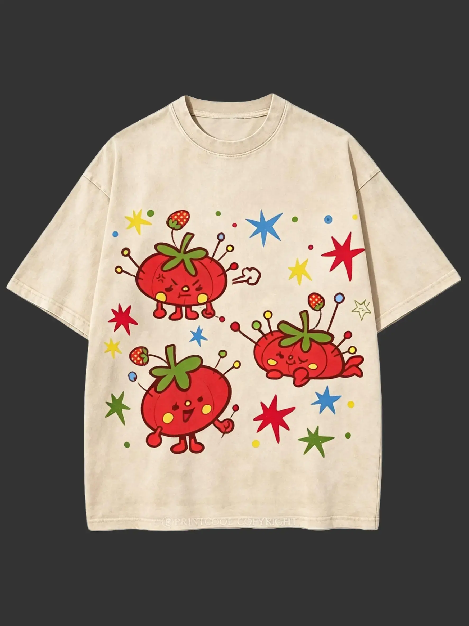 Washed, Cute Tomato Party Print T-shirt, High-quality Batik Vintage Fashion Brand T-shirt, Unisex T-shirt, Popular Daily Wear T-shirt, Holiday Gift, Perfect Present Menswear Top Distressed Festive