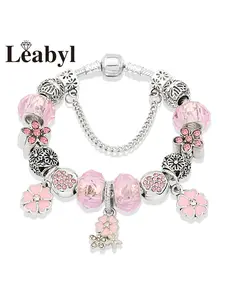 Cute Pink Enamel Flower Pendant Charm Bracelet DIY Butterfly Floral Heart Beaded Jewelry Gift, Casual Style Women Gift, DIY Forever Bracelets