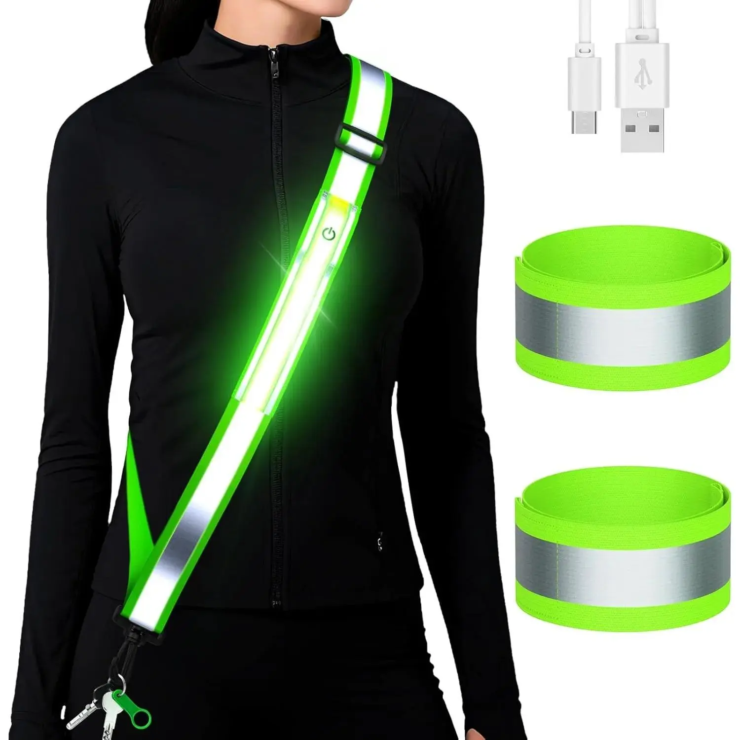 LED Reflective Running Safety Gear Set - Luminous, Waterproof, Portable, Fast Charging, 360-Degree Adjustable Belt Sash with Armband, 1 Size Fits All, Long-Lasting Outdoors Gear for Night Runners (Men, Women), One Size Fits All
