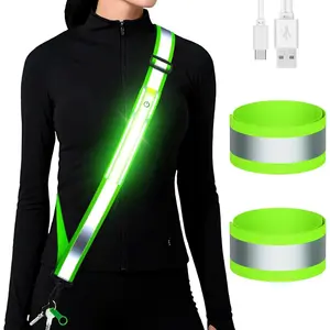 LED Reflective Running Gear High Visibility Reflective Belt Sash with Armband for Walking at Night,Adjustable Running Safety Gear Light Up Running Belt for Runners Walkers Men Women