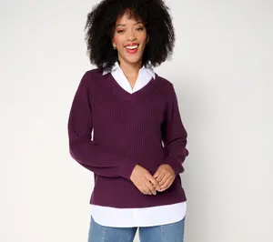 Belle by Kim Gravel Mixed Media Shaker Knit Pullover w/ Blouse Inset
