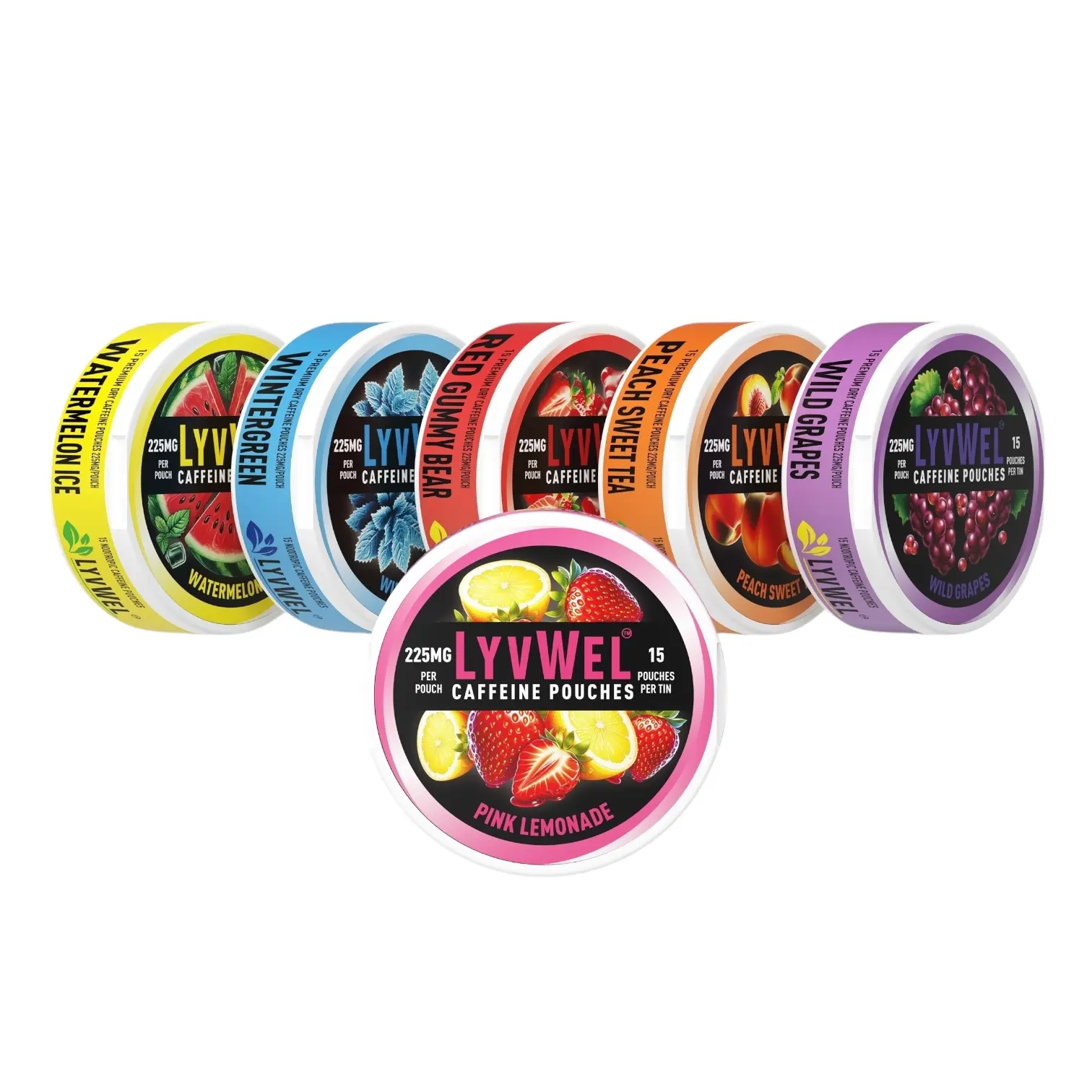 LYVWEL 10 x 225mg Caffeine Pouches - 10 Variety | 2 Watermelon Ice, 2 Wintergreen, 2 Strawberry, 2 Wild Grapes Energy Drink Boost Immunity Beverage Natural Flavor Gel Electrolyte Powder Packets