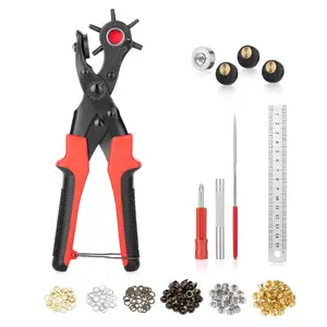 Leather Hole Punch Tool Set, Red Handle, Multi Punch Sizes, Belt Hole Puncher for Leather, Belts, Straps, Pet Collars, Shoes, Saddles, Canvas & DIY Crafts, with Grommet Eyelet Kit 100 Set