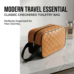 High-Quality Textured Plaid Leather Wash Bag, Elegant and Durable Design, Scratch-Resistant, Perfect for Daily Use, Enhances Travel Style